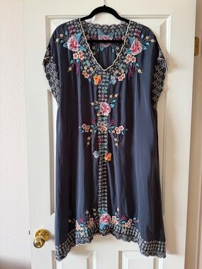Embroidered Floral Tunic Dress in Charcoal with Multicolor Flowers